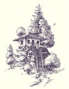 Wooden house, lodge or cabin on a hill