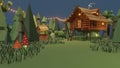 Wooden house from magical fairy tale in forest. 3D illustration of surreal Baba Yaga hut on chicken legs in wood. Supernatural Royalty Free Stock Photo