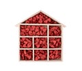 Wooden House With Many Red Hearts Isolated On White Background