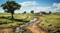 Wooden house in a meadow next to a path and a small stream in spring Royalty Free Stock Photo