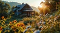 Wooden house in the meadow with wildflowers at sunset