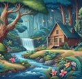 A wooden house in a middle of a whimsical jungle with small waterfall, tree, wildflowers, butterflies, wallart design Royalty Free Stock Photo