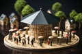 Wooden house model with individuals holding umbrellas, representing real estate insurance Royalty Free Stock Photo