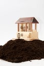 Wooden house model on the pile of soil Royalty Free Stock Photo