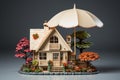 Wooden house model with small umbrella holders representing real estate insurance Royalty Free Stock Photo