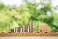 Step of coins stacks with tree growing on top, nature background, money, saving and investment or family planning concept, over su Royalty Free Stock Photo