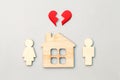 Wooden house and models of man and woman with red broken heart, divorce, end of relationship and  marriage concept Royalty Free Stock Photo