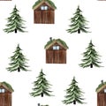 Wooden house with moss roof in the forest watercolor seamless pattern Royalty Free Stock Photo