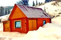 Wooden house in the mountains and around a lot of snow