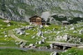 Wooden house in the mountains near river and bridge Royalty Free Stock Photo