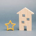 Wooden house and one star. Concept of negative feedback. Low quality and service serving. Evaluation of the critic. Hotel or