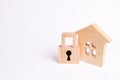 Wooden house with a padlock. House with a lock. Security and safety, collateral, loan for a mortgage. Confiscation of property