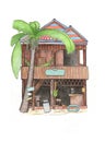 Wooden house and palm tree drawing. Cambodia travel sketch. Koh Rong tropical island colorful postcard.