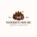 Wooden House Pine Tree Logo Template Isolated In White Background