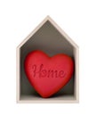 Wooden house and red heart with imprinted word home