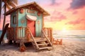 Wooden house on the sand by the ocean at sunset, paradise on the seashore Royalty Free Stock Photo