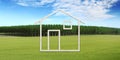 Wooden house shape isolated on nature background, green meadow, trees and blue sky, green building ecology house