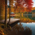 Wooden house on the shore of a lake in autumn