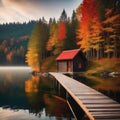 Wooden house on the shore of a lake in autumn