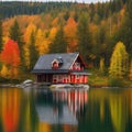 Wooden house on the shore of a lake in autumn