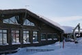 Wooden house for skiers and snowboarders, winter snow mountains Royalty Free Stock Photo