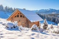 Wooden house in snowy mountains on sunny clear day. European village in Alps in skiing season. Winter nature landscape of snowy