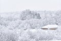 Wooden house in a snowy winter forest. Concept cottagecore and slowing-down