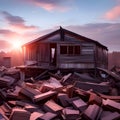 wooden house with some chopped wood