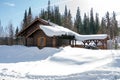 A wooden house stands among white snowdrifts against a background of spruce forest Royalty Free Stock Photo