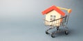 Wooden house in a Supermarket trolley. The concept of buying a house or apartment. Affordable housing. Profitable and cheap loans Royalty Free Stock Photo