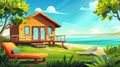 Wooden house terrace on the beach with green grass and trees. Summer landscape with lake coast and cottage veranda with Royalty Free Stock Photo