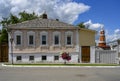 Wooden house of the 19th century with carved platbands on the windows in the city of Kolomna in Russia Royalty Free Stock Photo