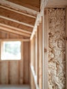 Wooden house under construction with visible wall insulation. Royalty Free Stock Photo