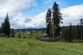 Wooden house under large trees. Village in the mountains. Royalty Free Stock Photo