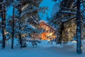 Wooden house with warm light in dark cold winter forest Royalty Free Stock Photo