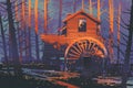 Wooden house with a waterwheel in forest at sunset