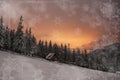 Wooden house in winter forest in Carpathian mountains Royalty Free Stock Photo