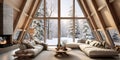 Wooden house in winter forest, Interior design of modern living room with vaulted ceiling Royalty Free Stock Photo