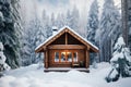 Wooden house in the winter forest. Wooden house in the mountains. A cozy log cabin in a winter forest, AI Generated Royalty Free Stock Photo