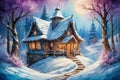 Wooden house in the winter forest mountains landscape Royalty Free Stock Photo