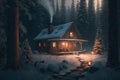 Wooden house in the winter forest at night. 3d illustration Royalty Free Stock Photo