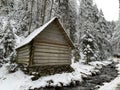 Wooden house in the winter forest. An old wooden building. A log house in the middle of a snowy forest Royalty Free Stock Photo