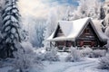 Wooden house in winter forest with snow covered trees. Christmas landscape. A cozy log cabin nestled in a snowy forest with frost- Royalty Free Stock Photo