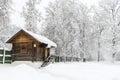 Wooden house. Winter landscape. Russia, Polygon Drozhzhino.