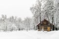 Wooden house. Winter landscape. Russia, Polygon Drozhzhino.