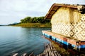 Wooden house floating is on river ,kanchanaburi,thailand