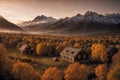 wooden houses in a forest, a ranch, autumn nature as background, overcast, trees and fog Royalty Free Stock Photo