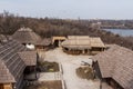 Wooden houses in the National Reserve `Zaporizhzhia Sich` on the island of Khortytsia in Zaporizhzhia. Ukraine.