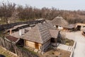 Wooden houses in the National Reserve `Zaporizhzhia Sich` on the island of Khortytsia in Zaporizhzhia. Ukraine.