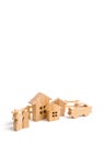 Wooden houses, people and car on a white background. The concept of possessions, buildings. Purchase and sale of real estate, inve